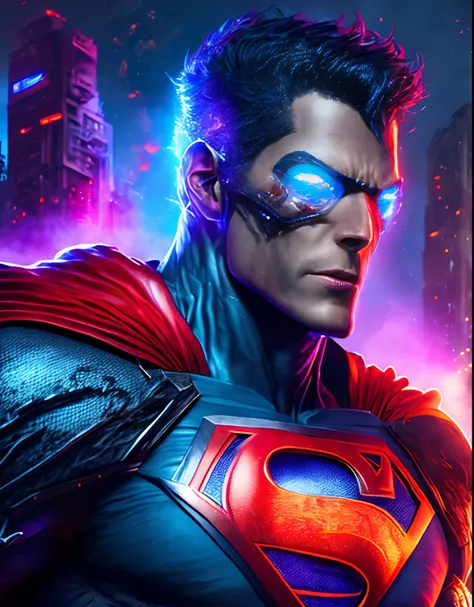 Retrato sombrio do Zombie Cyborg Superman da DC, extremamente detalhado, futuristic cityscape, noite, glowing neon lights, smoke billowing, Sparks, Metal shavings, detritos voadores, efeitos da energia azul, volumetric light