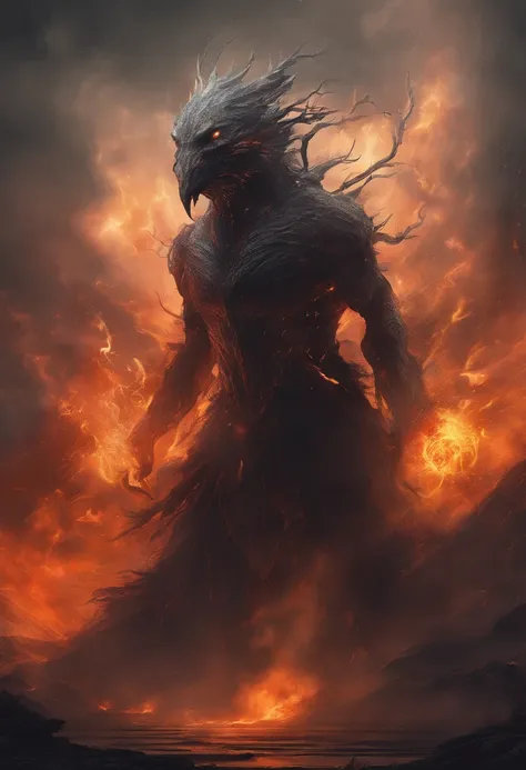 Otherworldly mystical creature, terrifying atmosphere, fire, smoke, hyperrealism, high quality, masterpiece