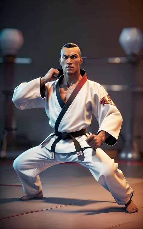 a close up of a man in a karate pose with a sword, fighting game character, karate pose, 3 d character render, martial art pose, fighter pose, fighting stance, fight pose, in a fighting pose, karate, 3 d character art, battle action pose, in a fighting sta...