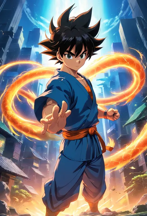 (melhor qualidade,4k,8k,Altas,master part:1.2), ultra-detalhado, Realistic:1.37, Filho Goku, Macho, Dragon ball z, cores vibrantes, dinamic poses, batalhas intensas, Iconic transformations, dramatic lighting, Energy effects, muscular physique, cabelo espet...