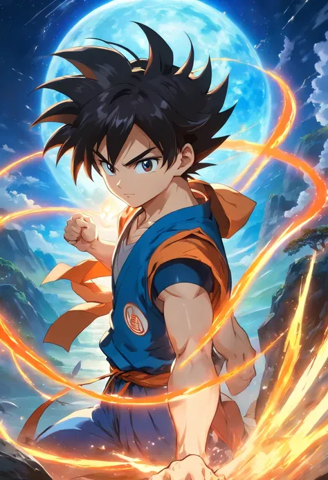 (melhor qualidade,4k,8k,Altas,master part:1.2), ultra-detalhado, Realistic:1.37, Filho Goku, Macho, Dragon ball z, cores vibrantes, dinamic poses, batalhas intensas, Iconic transformations, dramatic lighting, Energy effects, muscular physique, cabelo espet...