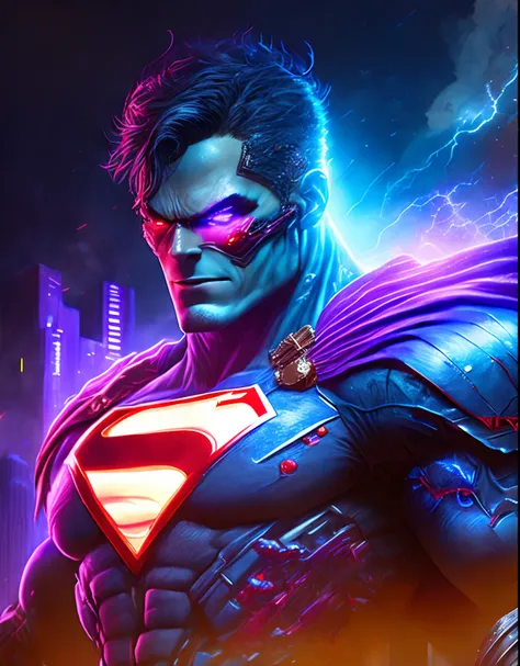 Retrato sombrio do Zombie Cyborg Superman da DC, extremamente detalhado, futuristic cityscape, noite, glowing neon lights, smoke billowing, Sparks, Metal shavings, detritos voadores, efeitos da energia azul, volumetric light