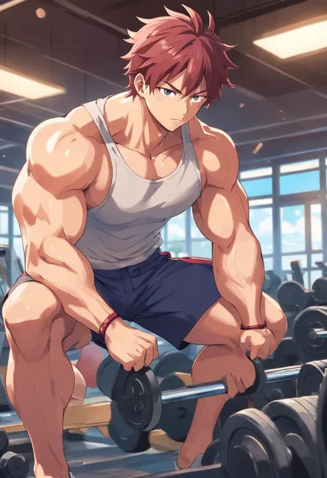 Natsu Dragnell, Masculino, Working out hard in a bodybuilding gym, extremely defined muscles