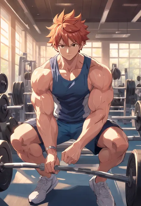 Natsu Dragnell, Masculino, Working out hard in a bodybuilding gym, extremely defined muscles