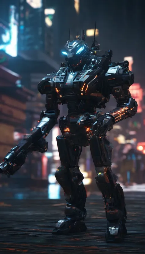 Cyberpunk style fighter，Half-human, half-mechanized warrior，Combat posture，majestic-looking，Forward stance，Stunning colors，Set in a futuristic cyberpunk style city，the street，crowd of，（Movie lighting），（light and shadow effect），（unreal-engine），（Tyndall），（ci...