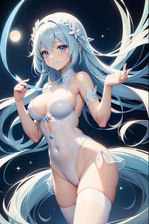 Pretty girl、A charming smile、Light blue long hair、Engaging pose、Twin-tailed、See-through white leotard、Fantasia、Crystal jade、constellation、a moon、Fantastic background