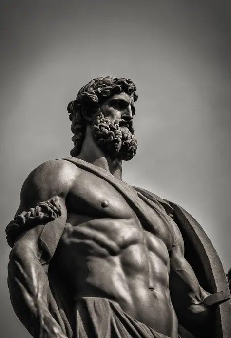 stoic greek statue with very muscular body in profile, strongs arms, style Hercules, cinematic, 8k, dark bakground