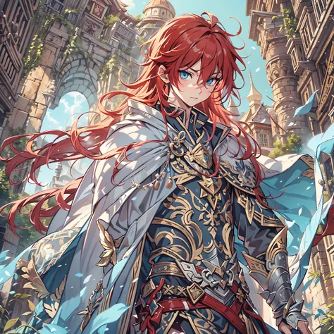 Ultra High Definition, Ultra High Quality, Extremely Detailed, Perfectly Detailed, Masterpiece, 8k, 1 Boy, Look A Like Xin From Kingdom Anime, Handsome, Equipped With Paladin Armor, Solid Light Blue Eyes, Long Red Hair, Body Shot, Ancient Kingdom Backgroun...