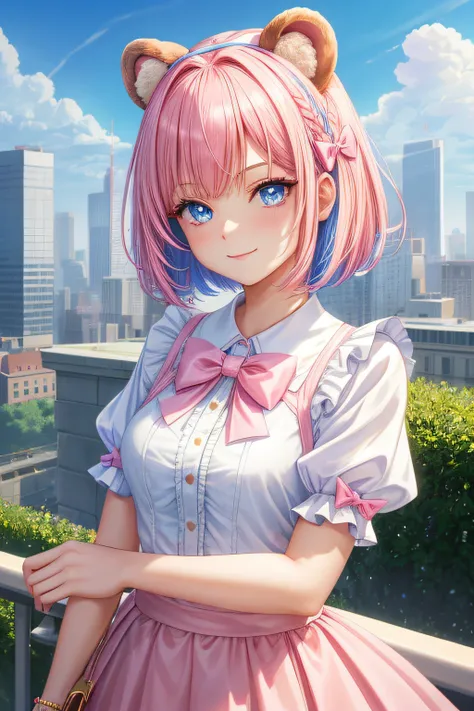 ​master piece, Best Quality, High resolution, Ultra-detailed, 1girl in, Late teens, Pink hair and pale blue eyes, Fluffy animal ears, Looking at Viewer,Wear a short-sleeved T-shirt, Check skirt, Bangs, Short hair, Bow, Hair Bow, pink bows, A smile, Brown b...