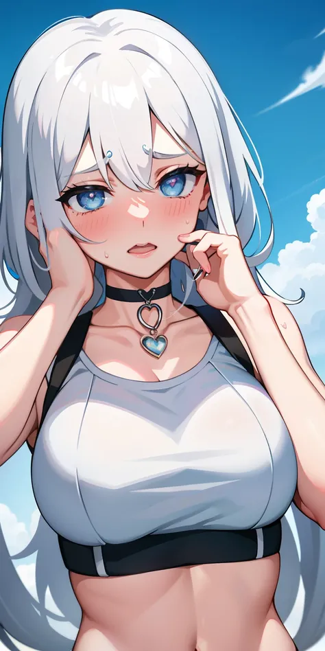 1girll,Heart-shaped pupils,finger nails,hand on own face,White hair,Sky blue eyes,(Blush:1.1),choker necklace,Blue sky,full bodyesbian，Trembling,Sweat,drops of sweat,Heart,(speed-line:1.1),Medium breasts, ((rough breath:1.3)), Love, Heart, Crop top, deligh...