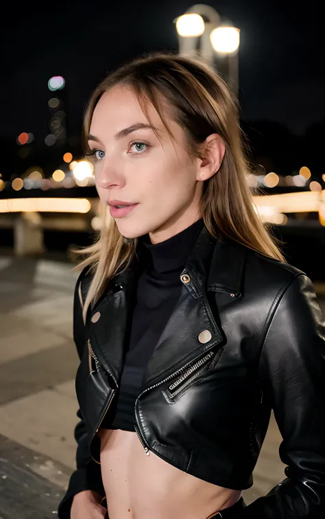 Black tank top underneath completely open leather jacket