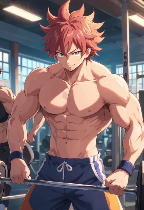 Natsu Dragneel, masculino, Working out hard in a bodybuilding gym, extremely defined muscles