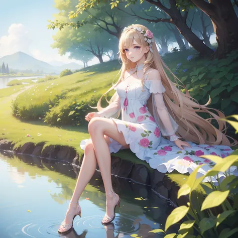 ((Best quality, 8K, Masterpiece: 1.3)), 1girll, Slender beauty: 1.3, (Long hair: 1.2), Floral dress, Long legs: 1.1, Super fine face, Fine eyes, Double eyelids, En plein air