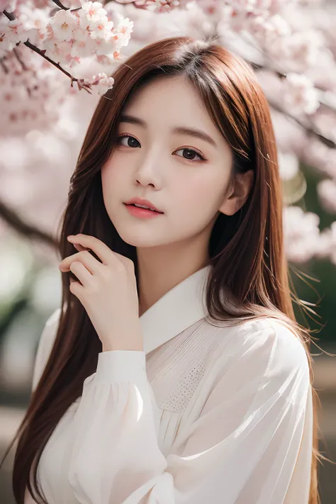 (8K、RAW Photography、top-quality、​masterpiece:1.2)、29yo、japanes、1 girl in、Transparency、a park、is standing、cherry blossom in full bloom、Wearing a long-sleeved dress、Casual Fashion、A detailed face、A detailed eye、detailed mouth、unclear