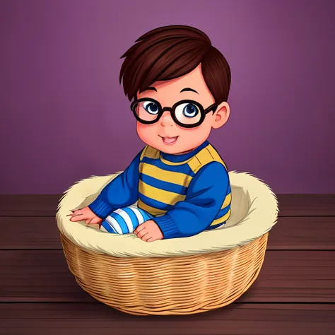 "2D cartoon style illustration and vector of a 1-year-old baby wearing glasses, Dressed in a striped knit sweater with a bear design on the front. Hes inside a wicker basket filled with wool balls. Professional studio photography with chiaroscuro lighting,...