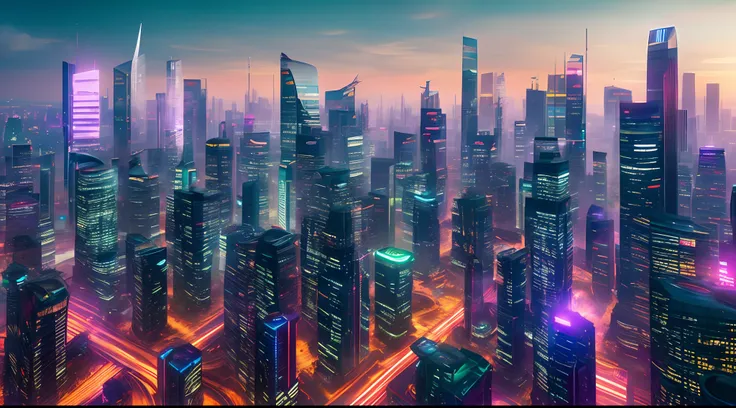 Style: Concept art. The scene: Futuristic cityscapes with towering skyscrapers and sleek aerodynamic vehicles speeding through the air. High-resolution OLED GUI interfaces in the building&#39;s windows are filled with transparent data visualization infogra...