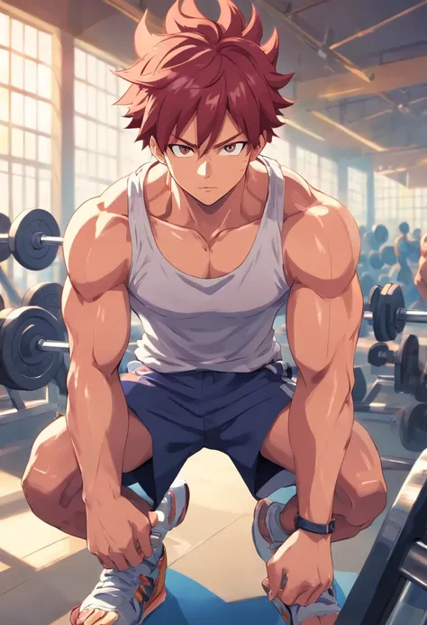 Natsu Dragneel, masculino, Working out hard in a bodybuilding gym, extremely defined muscles