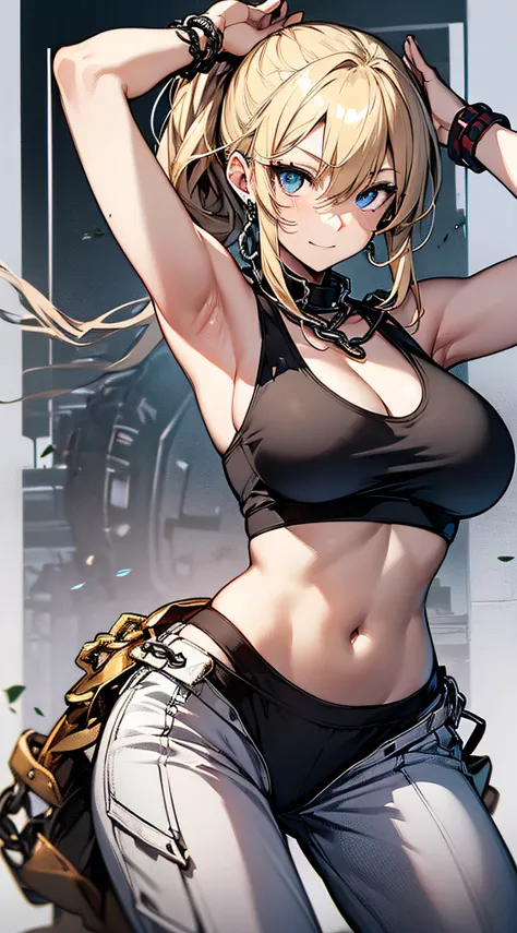 top-quality、Top image quality、​masterpiece、girl with((18year old、tatteredclothing、Black Navel Tank Top、White pants、Best Bust、Bust 85、a blond、disheveled ponytail、Blue eyes、open chest wide、Happiness、Chain Accessories、Black wristband on wrist、saluting、Leaning...