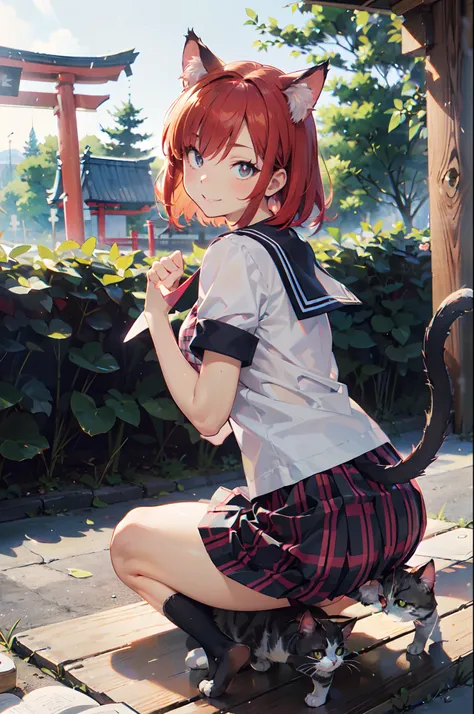 masutepiece, Best Quality, Detailed beautiful face and eyes, Full body, The best illustrations, PastelColors, (jpn、Shrine 1.4), Red torii gate, beauitful face, blurry backround, 10 year old beautiful girl, shinny skin, (１The tail of a cat in a book grows:1...