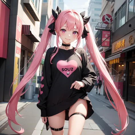 full body Esbian, masutepiece: 1.2, Highest Quality), (Live-action, elaborate details), (1 Lady, Solo, Upper body,) Clothing: Edgy, Black long jumper, pink miniskirt, long hair with pink twin tails,、Mini Characters、Avant-garde, Experimental appearance: Lon...