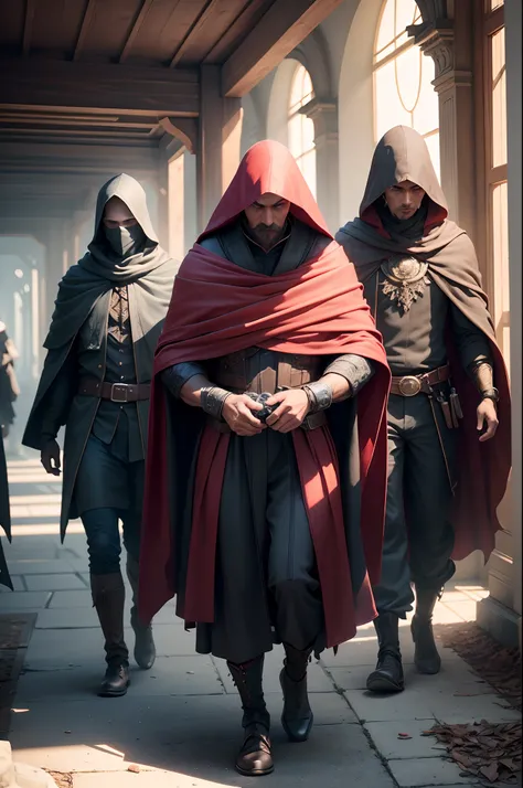 a group shot of 4 scary thugs wearing red cloaks, 4 goons , rpg, hi res, 4k, 8k, 16k, ultrahd, realisitic, photon mapping, radiosity, cinematic lighting, sharp focus, best quality, volumetric lighting, volumetric light, concept art, path tracing. warm colo...