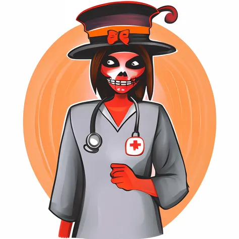 Caricatura de una mujer con un sombrero y un estetoscopio en la cara, nurse girl, enfermera, Al estilo de Halloween, full color digital illustration, Trabajador de la salud, stylized digital illustration, Disfraz de enfermera, Full color illustration, Esti...