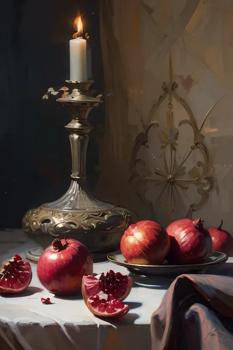 oil painting still life, in the historical interior environment, darkened room, cinematic lighting, contrast lighting, pomegranates on a table, dark draped fabric, candles