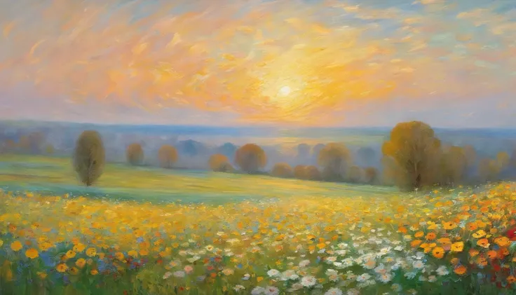 Impresionismo,Paintings by professional painters,Claude Monet,Daisy fields near Veteuil,Birds are flying