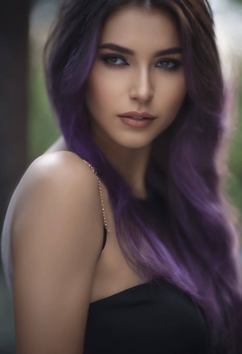 1 girl, best quality, masterpiece, high resolution, [purple|sliver|green] _hair, black miniskirt, hair accessory, necklace, jewelry, beautiful face, looking forward, full body view, realistic, outdoor, modern square, two-tone lighting, (high detail skin: 1...