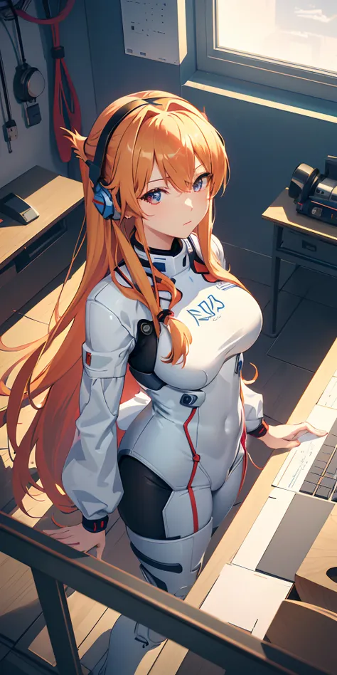 (Overhead view),dynamic angle,ultra-detailed, illustration, close-up, straight on, 1girl, 
 ((souryuu asuka langley, interface headset, red bodysuit:1.4, blonde)),Her eyes shone like dreamy stars,(glowing eyes:1.233),(beautiful and detailed eyes:1.1),(expr...