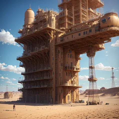 (Cinematic Photo, Maximum realism), (CG 8k wallpapers are extremely detailed, Masterpiece, Best Quality, Ultra-detailed), ((Metal frame of a large tall structure in the middle of the desert)), An unusual design of an unearthly civilization, Steel scaffoldi...