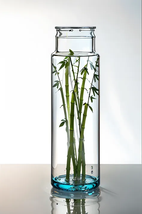 with light glowing, side-lighting, Wallpapers,Ultra-realistic scenes, Surrounded by plants, (Experimental test tube bottles), There are four branches of Chinese lucky bamboo in the bottle, Blue sky background,outside, open air, simple backgound, water, Sun...