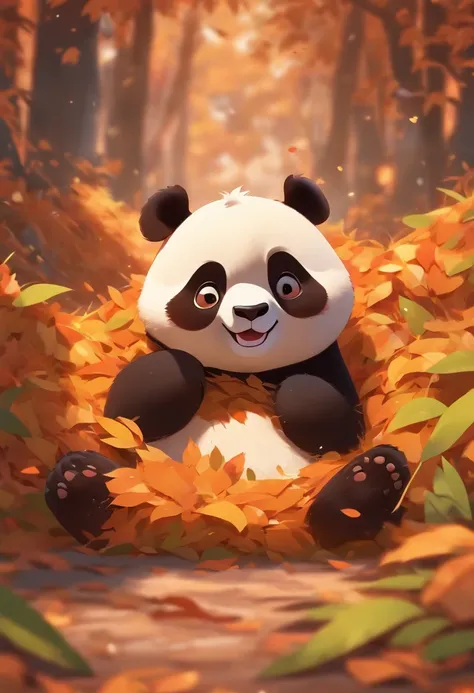 A cute full-body panda lying face down on a bunch of fallen leaves on the ground，Tem olhos grandes，Blushlush，LAZY，cumprimentar, 3d, 4k