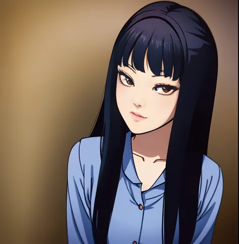 anime girl with long black hair and blue shirt posing for a picture, hinata hyuga, sui ishida with black hair, style of junji it...