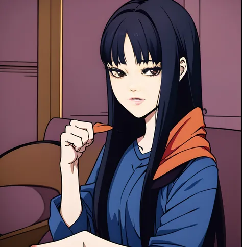 anime girl with long black hair and blue shirt posing for a picture, hinata hyuga, sui ishida with black hair, style of junji it...