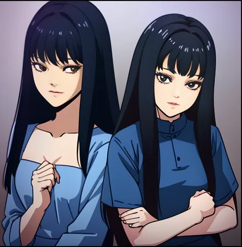 anime girl with long black hair and blue shirt posing for a picture, hinata hyuga, sui ishida with black hair, style of junji it...