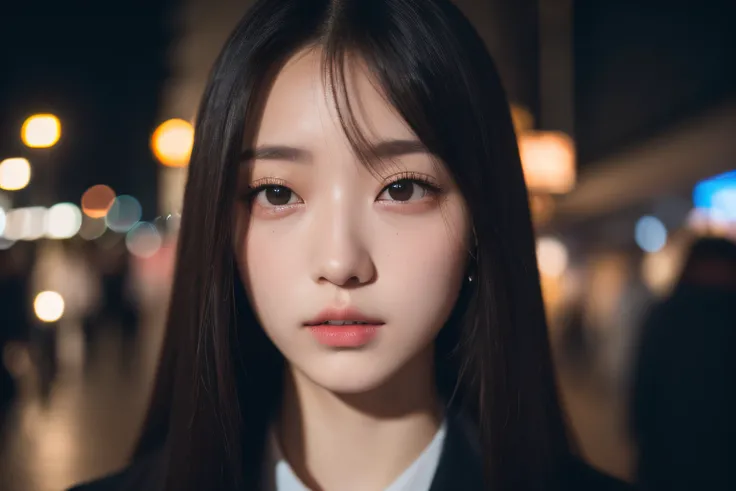 (8K、RAW Photography、top-quality、​masterpiece:1.2)、29yo、japanes、1 girl in、Transparency、Street at night、is standing、wears a suit、A detailed face、A detailed eye、detailed mouth、unclear