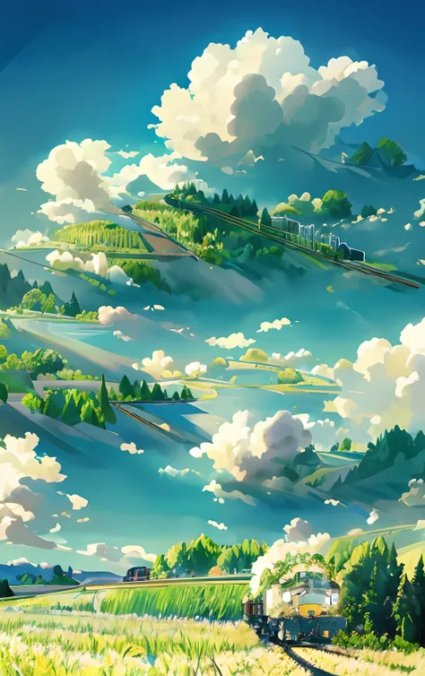 there is a train that is going down the tracks in the field, anime countryside landscape, made of tree and fantasy valley, scenery art detailed, beautifull puffy clouds. anime, detailed scenery —width 672, anime landscape wallpaper, anime landscape, studio...