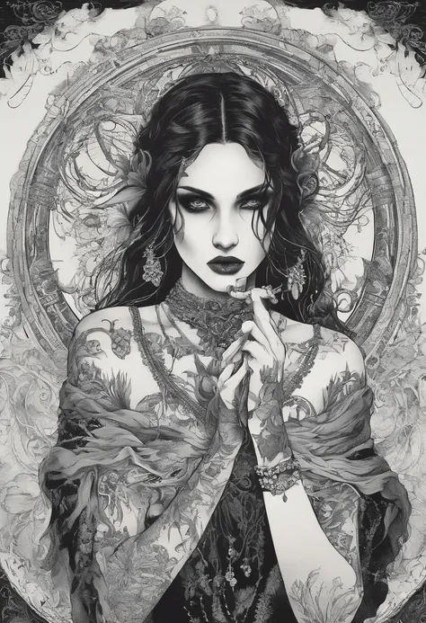 A fully tattooed, dark fantasy, little young goth girl surrounded by an eerie and mysterious scene. The girl has intricate tattoos covering her entire body, showcasing symbols and imagery related to the occultist cult she belongs to. Her eyes are deeply me...