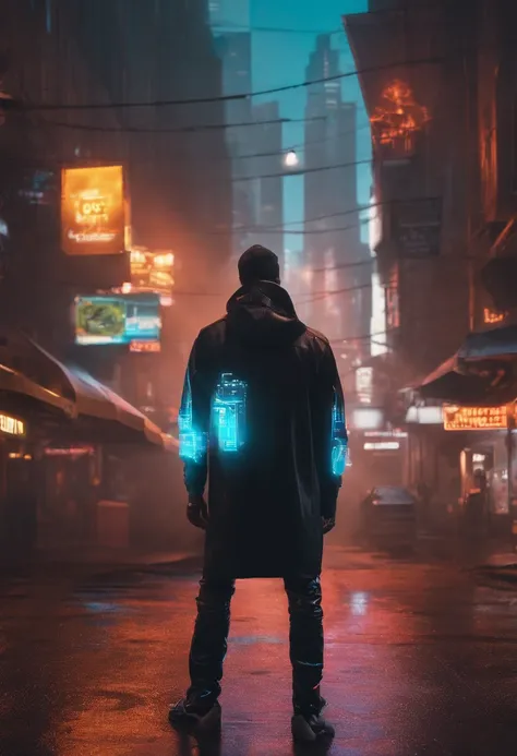 Garoto de pele negra com moletom branco, usando celular estilo Watch Dogs, cidade cyberpunk