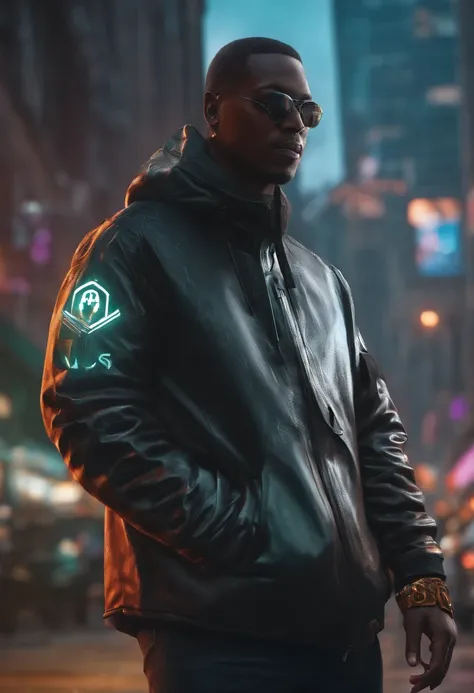 Garoto de pele negra com moletom branco, usando celular estilo Watch Dogs, cidade cyberpunk