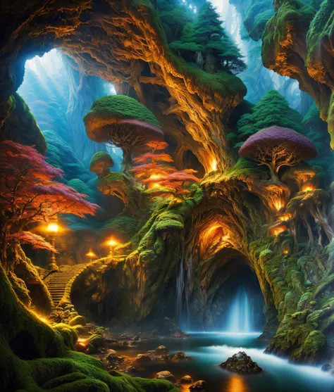 magical realm forest with a cave fantasy background by Akira Toriyama and Albert Koetsier photorealistic style photography ultra realistic highly detailed intricate, cinematic lighting --air 3:2