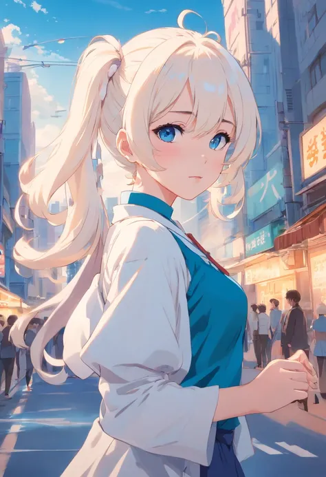 White color hair，Double ponytail curls，blue color eyes，White Lolita，Beth，A bustling city street