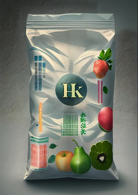 A kind of vertical fertilizer packaging bag，stereograms，The bag has folded edges，There are fruits and vegetables，There are English letters，k hd，hyper HD，16k，Morandi color matching