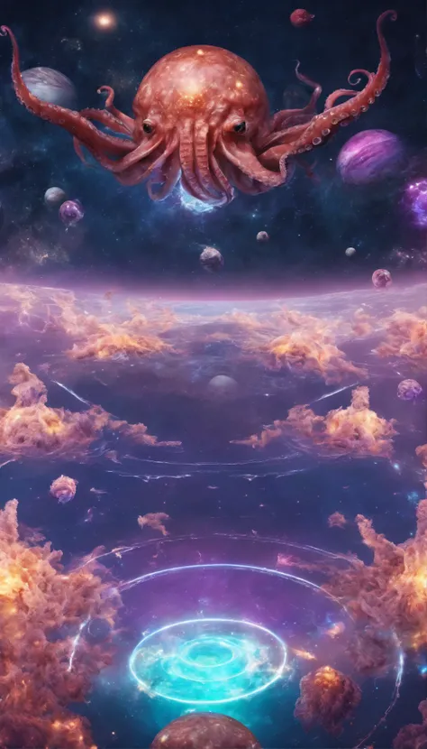 Universe, an octopus eating planet Earth, has nine tentacles, best quality, 4K quality