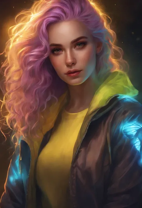 (best quality,highres,masterpiece:1.2),ultra-detailed,realistic:1.37,a girl with neon-colored hair and a yellow shirt,glowing head,detailed glowing hair,detailed glowing face,colorful grid,colorful sketch,glowing,illustration,glowing hair,glowing yellow fa...