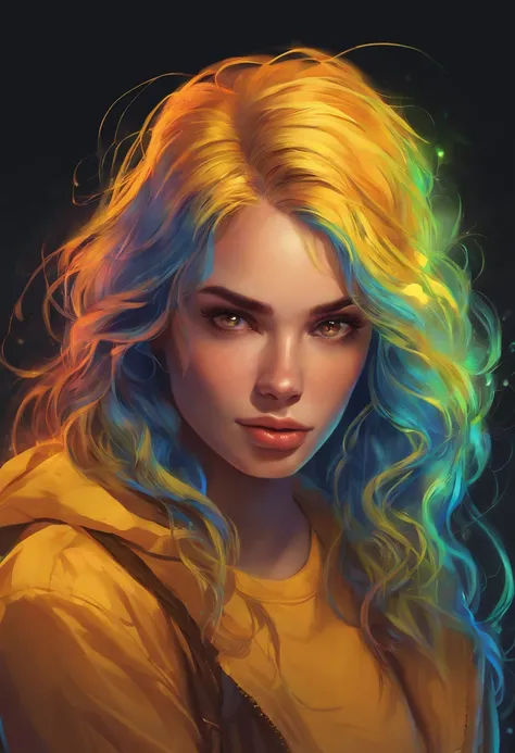 (best quality,highres,masterpiece:1.2),ultra-detailed,realistic:1.37,a girl with neon-colored hair and a yellow shirt,glowing head,detailed glowing hair,detailed glowing face,colorful grid,colorful sketch,glowing,illustration,glowing hair,glowing yellow fa...