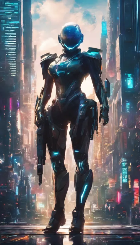 Cyberpunk style scientist，Semi-mechanized scientist，Combat posture，majestic-looking，The feeling of moving forward，Stunning colors。Set in a futuristic cyberpunk style city，the street，People with blurred vision，（Movie lighting），（light and shadow effect），（unr...