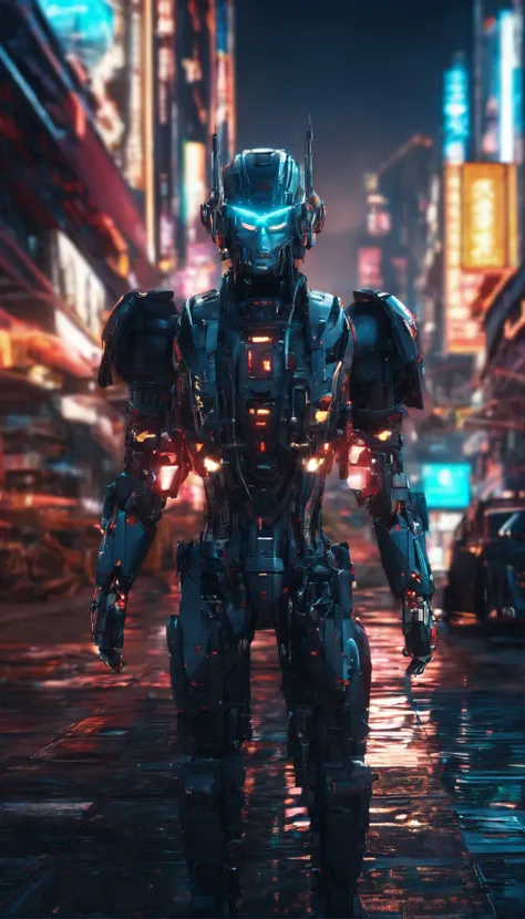 Cyberpunk style scientist，Semi-mechanized scientist，Combat posture，majestic-looking，The feeling of moving forward，Stunning colors。Set in a futuristic cyberpunk style city，the street，People with blurred vision，（Movie lighting），（light and shadow effect），（unr...