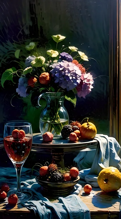 oil painting still life, in the historical interior environment, darkened room, cinematic lighting, contrast lighting, fruits an...